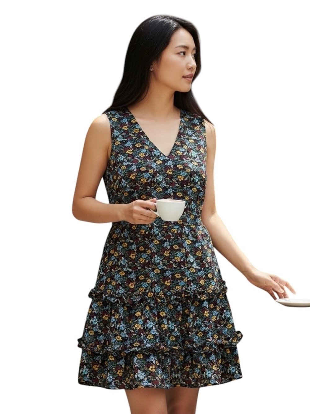 BCBG Paris Dark Floral Ruffle Hem Boho Mini Dress Womens Small Cottagecore EUC